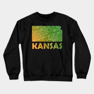 Colorful mandala art map of Kansas with text in green and orange Crewneck Sweatshirt